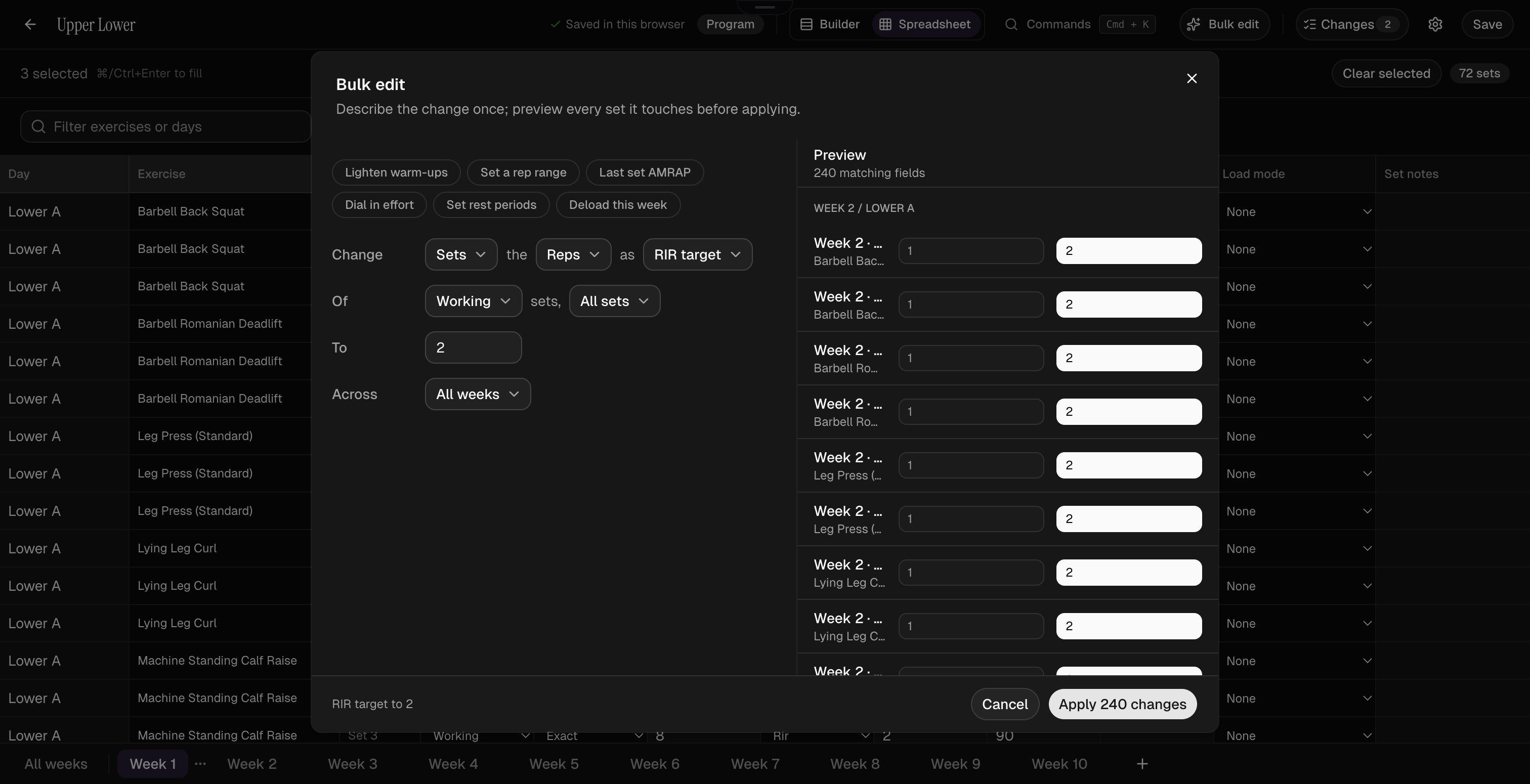 Kiron bulk edit dialog: one rule setting the RIR target of all working sets across all weeks, with a preview of all 240 matching fields before applying.