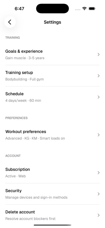 Kiron iOS Settings screen with training, preferences, subscription, security, and account deletion rows.