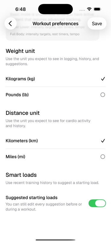 Kiron iOS Workout preferences screen scrolled to weight unit, distance unit, and smart loads.