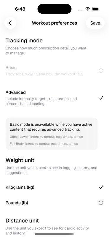 Kiron iOS Workout preferences screen showing tracking mode, unit choices, and smart loads.