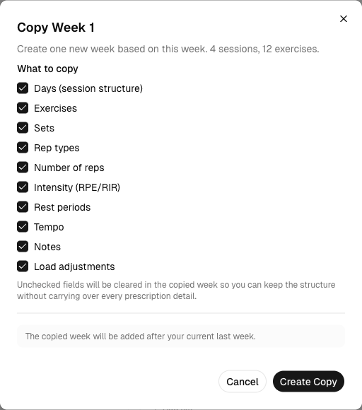 Kiron program builder showing the Copy Week dialog.