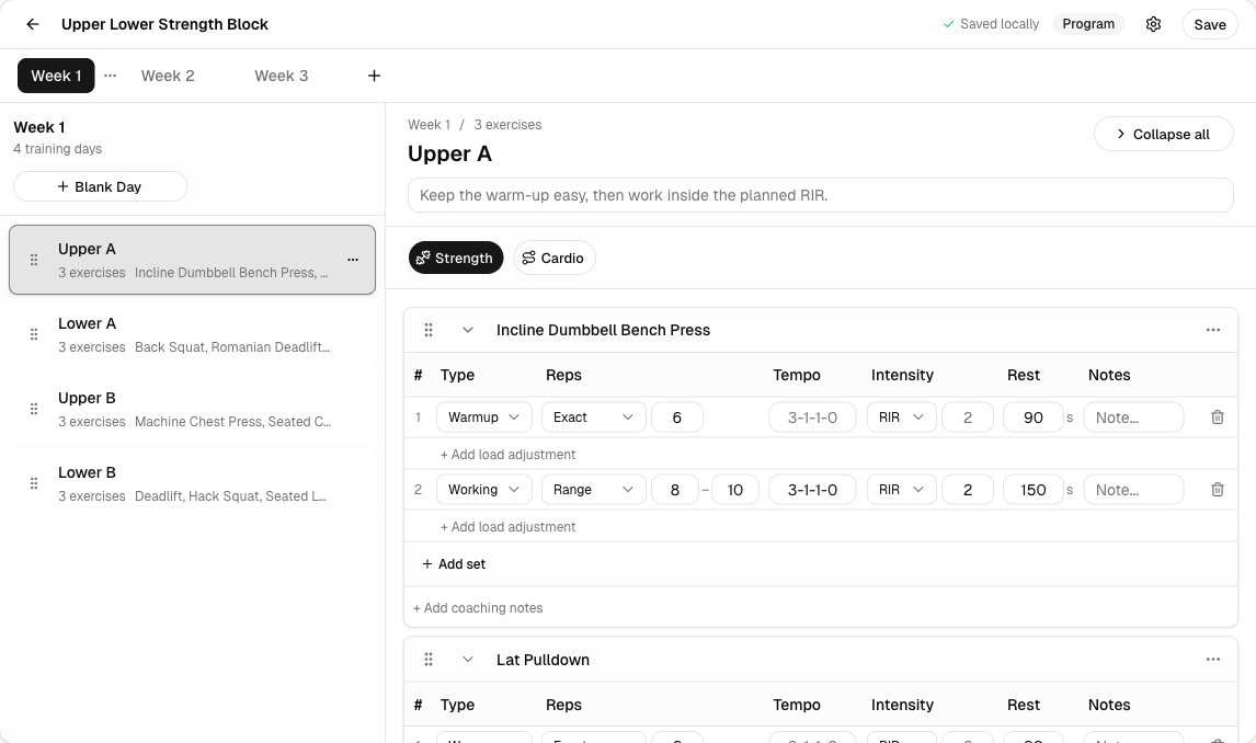 Kiron program builder with week tabs and the training day rail visible.