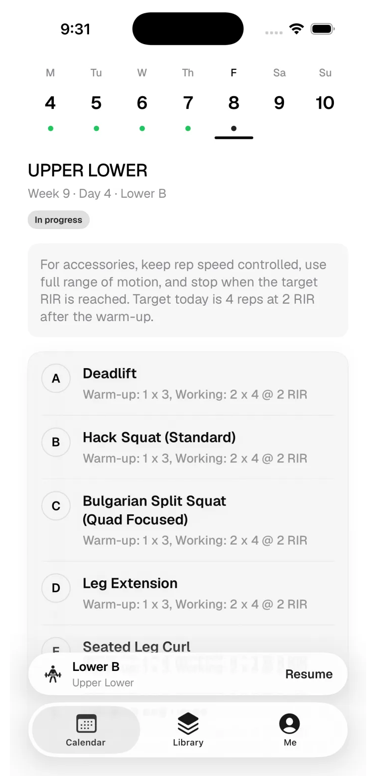 Kiron iOS Calendar tab showing scheduled training days.