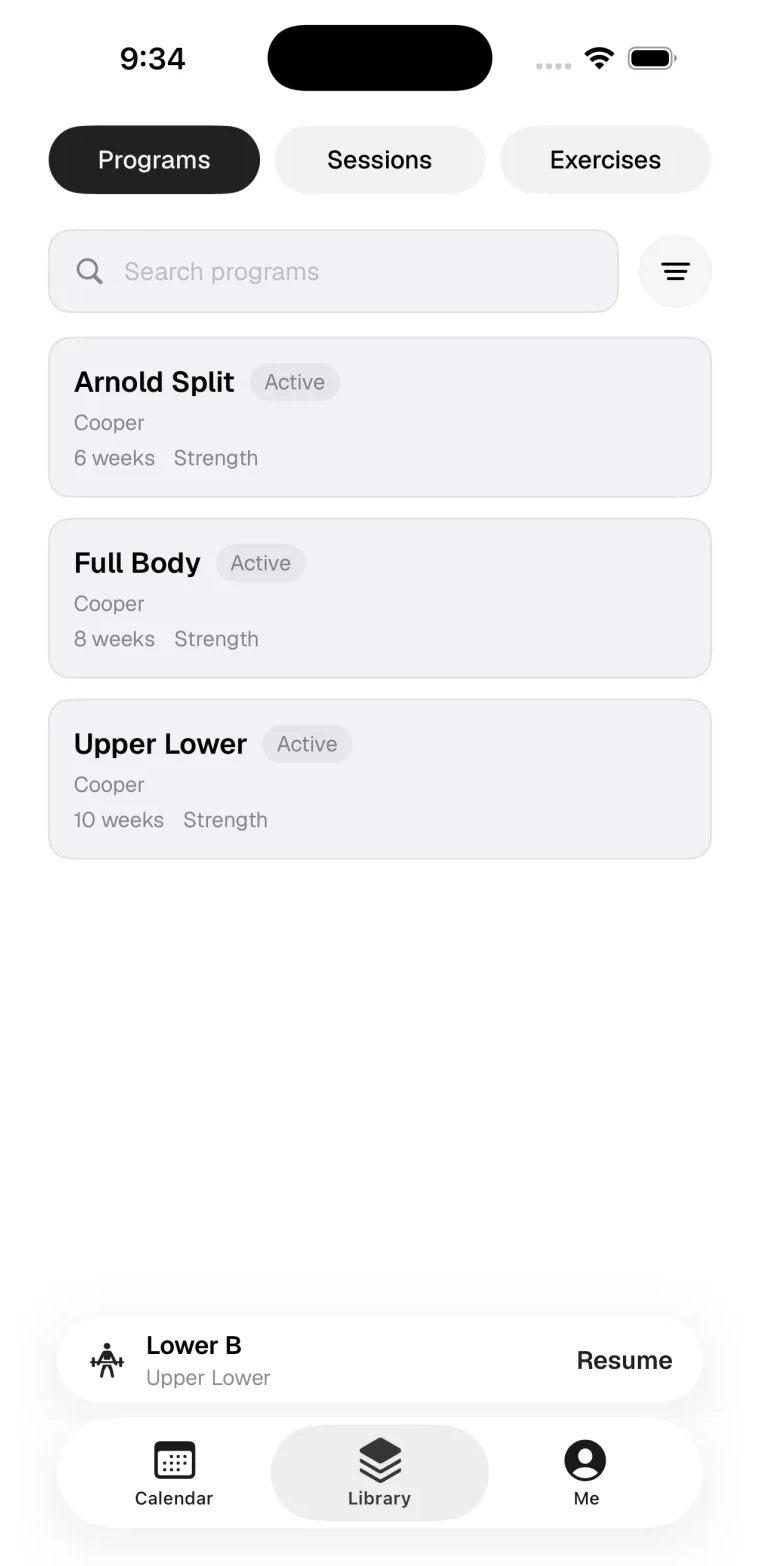 Kiron iOS Library tab showing programs, sessions, exercises, search, and filters.
