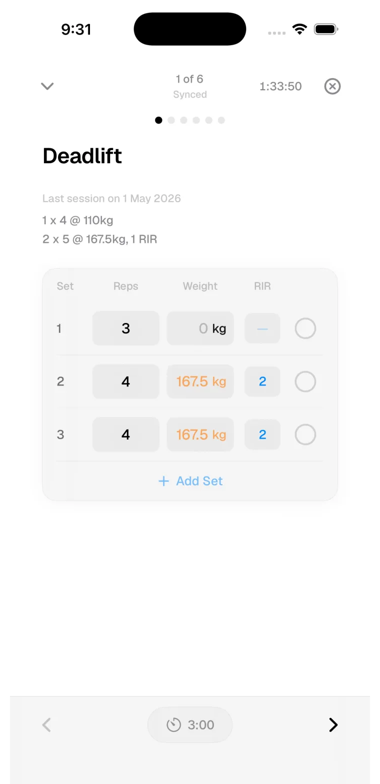 Kiron iOS workout logging screen with exercise rows and set targets.