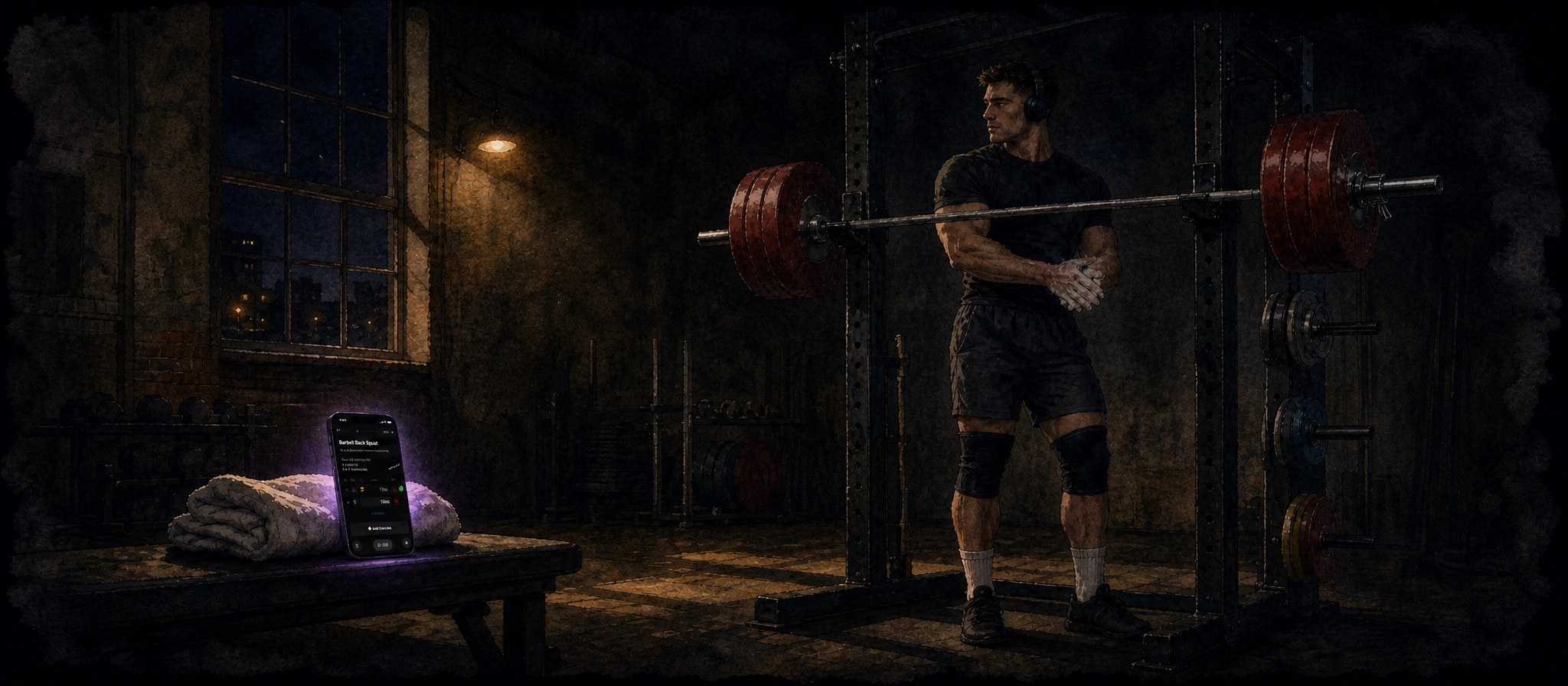 Watercolor painting of a powerlifter resting between sets at a squat rack, a phone propped on a bench nearby showing the workout log.