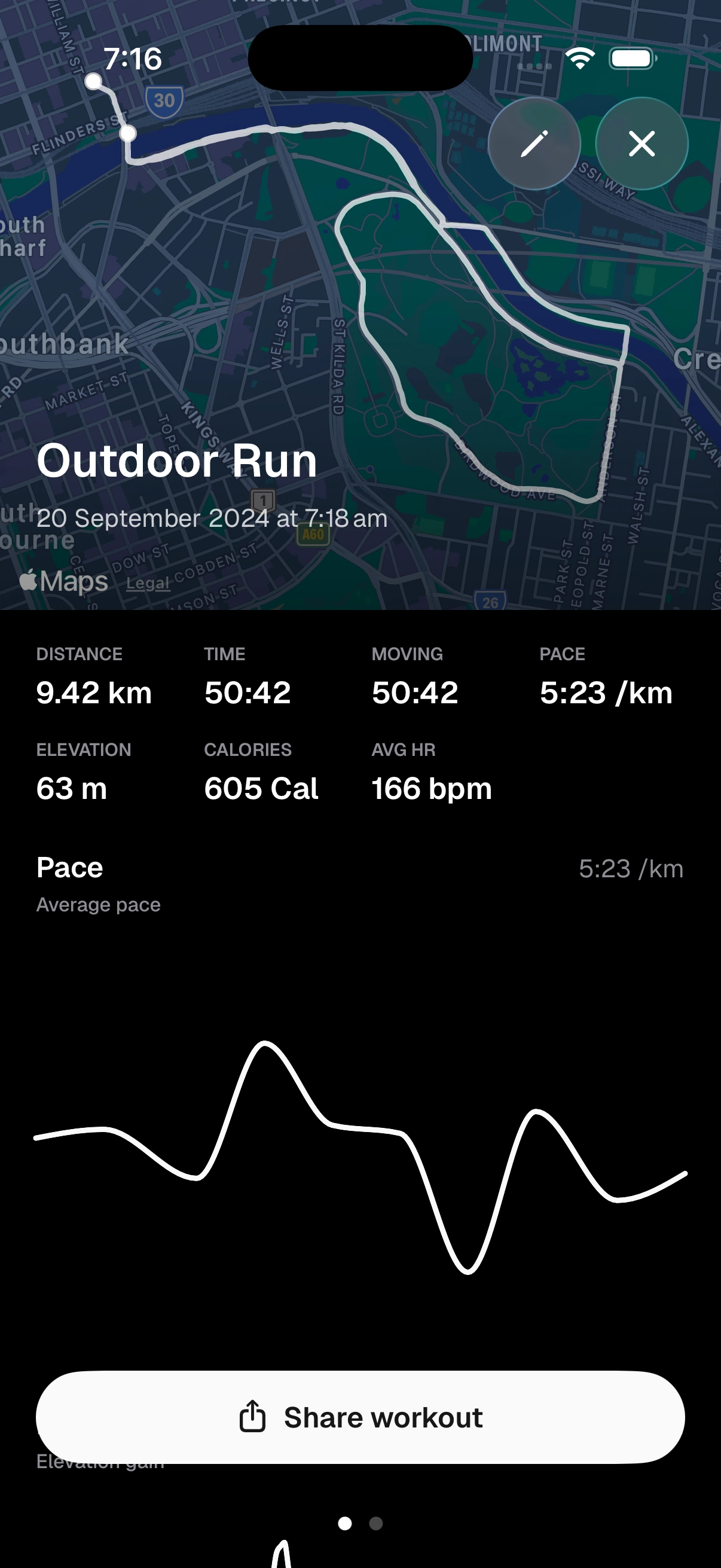 Kiron outdoor run tracking on iPhone with live route, pace, and moving time.