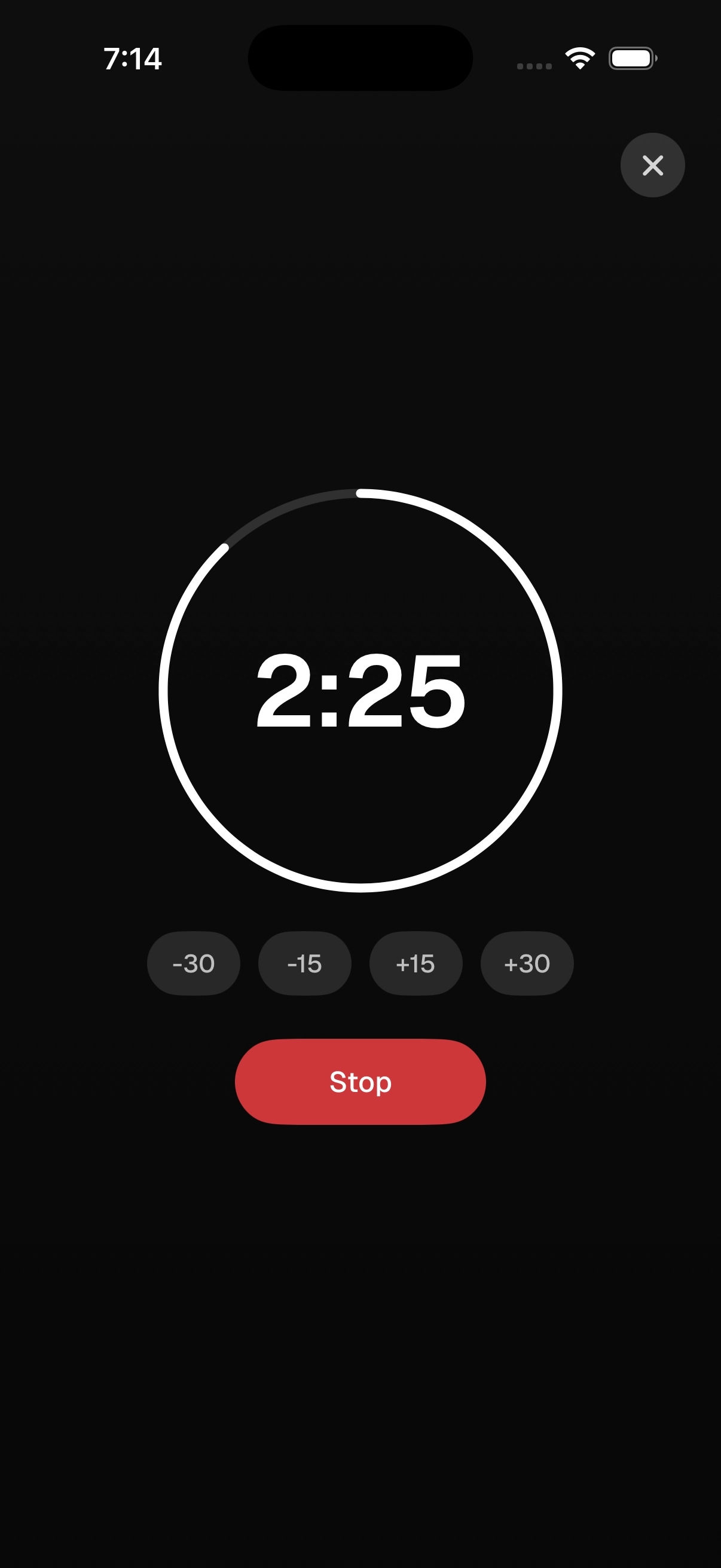 Kiron rest timer on iPhone: a 2:25 countdown ring with quick adjust buttons for plus and minus fifteen and thirty seconds.